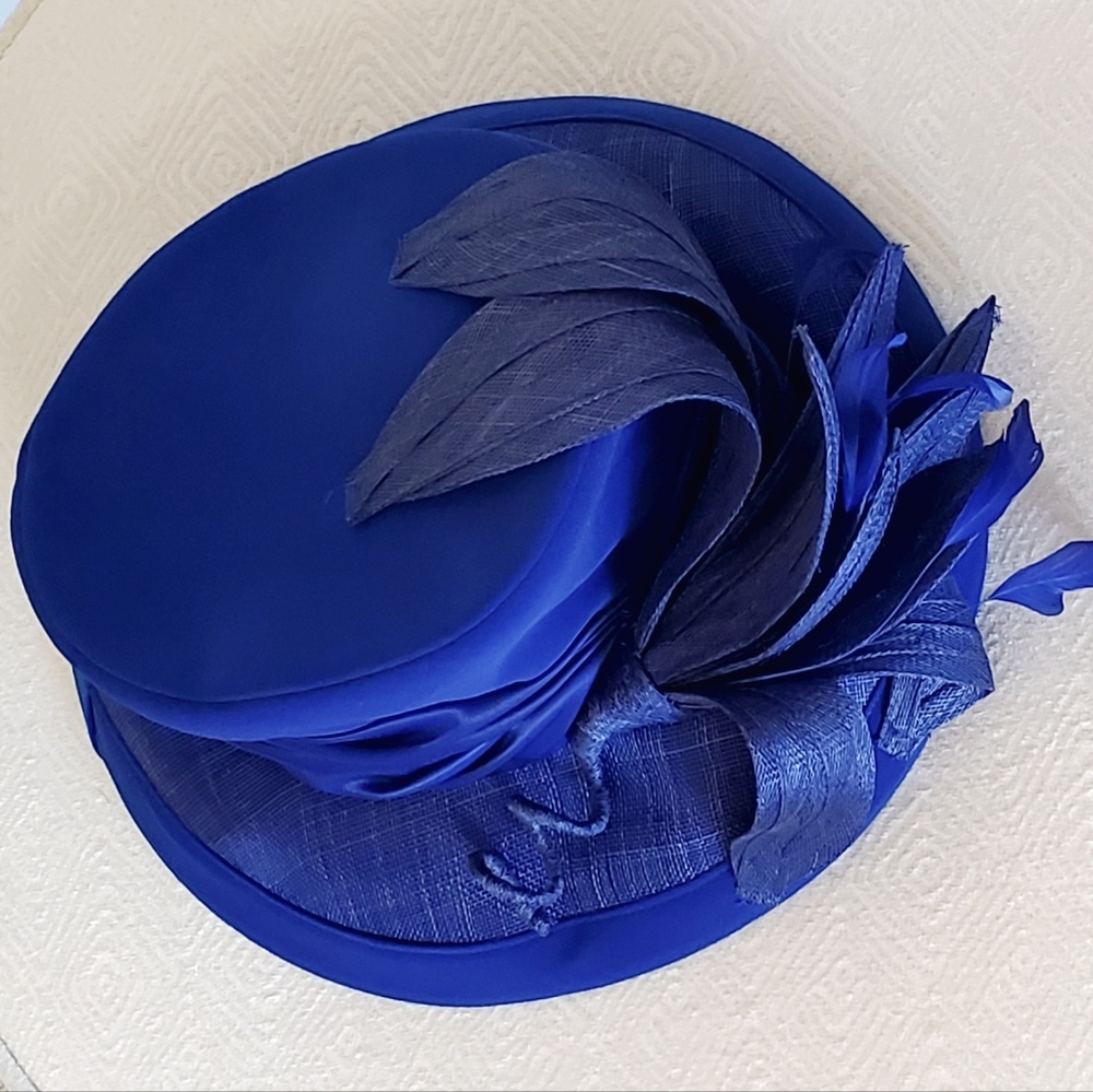 Elite Champagne Royal Blue Derby Church Hat Feathers/Floral Embellished, OS, EUC - Picture 7 of 16